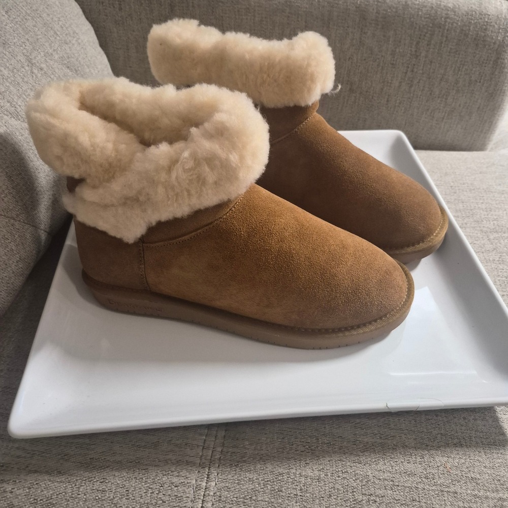 Bearpaw Franie Short Hickory Suede Sheepskin Fur Lined Ankle Boots Womens Brown